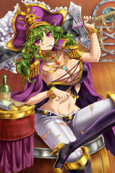 Rule 34 | 1girl, barrel, boots, bottle, bracelet, breasts, choker, cleavage, epaulettes, frills, gem, green hair, hat, huge weapon, jewelry, kiseru, knee boots, large breasts, crossed legs, long hair, lots of jewelry, mouth hold, necklace, original, pants, smoking pipe, pipe in mouth, pirate hat, purple eyes, ring, shinki kakusei melty maiden, sitting, solo, sword, tamashiro, torn clothes, weapon