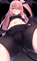 Rule 34 | 1girl, absurdres, bike shorts, black choker, black shorts, black sports bra, blush, breasts, cameltoe, choker, demon tail, demon wings, from below, greenopi, grin, head wings, highres, lin (greenopi), long hair, looking at viewer, looking down, navel, original, pink hair, pointy ears, red eyes, shorts, small breasts, smile, solo, sports bra, tail, textless version, underwear, underwear only, wings