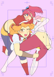 Rule 34 | 2girls, ass, ass grab, blonde hair, breasts, butt crack, cowboy hat, female focus, floating hair, happy, hat, hiiragi yuzu, hug, large breasts, long hair, looking at viewer, looking back, melissa claire, multiple girls, sagattoru, shorts, twintails, yu-gi-oh!, yu-gi-oh! arc-v