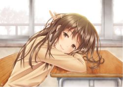 Rule 34 | 1girl, arm rest, blush, brown eyes, brown hair, chair, desk, from side, index finger raised, indoors, leaning forward, long hair, looking at viewer, original, school desk, sitting, smile, solo, takeru (at will), upper body, window