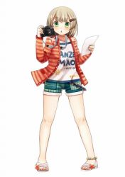 Rule 34 | 1girl, anklet, bad id, bad pixiv id, blush, brown hair, camera, clarinet (natsumi3230), clothes writing, green eyes, jewelry, kurata rine, looking at viewer, original, sandals, short hair, shorts, simple background, solo, white background