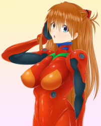 Rule 34 | 1girl, adapted costume, alternate breast size, blue eyes, bodysuit, breast press, breasts, hair ornament, hand in own hair, large breasts, lips, long hair, looking at viewer, neon genesis evangelion, open mouth, pixiv1478062, plugsuit, red bodysuit, shiny clothes, shiny skin, skin tight, solo, souryuu asuka langley, two side up, upper body, very long hair, wide hips