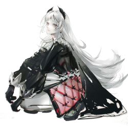 Rule 34 | 1girl, arknights, black cape, black footwear, black gloves, black jacket, bright pupils, cape, capelet, closed mouth, commentary, earrings, expressionless, from side, full body, gloves, grey eyes, head wings, highres, irene (arknights), jacket, jewelry, kanoukin, kneeling, long hair, long sleeves, looking at viewer, looking to the side, multicolored clothes, multicolored skirt, pantyhose, parted bangs, pink skirt, red pupils, scar, scar across eye, scar on face, shoes, simple background, skirt, solo, very long hair, white background, white capelet, white hair, white pantyhose, white skirt, wings