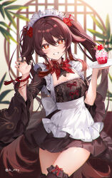 Rule 34 | 1girl, apron, black nails, blush, breasts, brown hair, cupcake, dress, flower, flower-shaped pupils, food, frilled apron, frills, genshin impact, hair between eyes, highres, hu tao (genshin impact), jewelry, long hair, long sleeves, looking at viewer, maid, maid apron, maid headdress, medium breasts, red eyes, ribbon, ring, rity, smile, solo, symbol-shaped pupils, thighhighs, twintails, very long hair, white apron