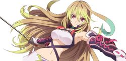 Rule 34 | 1girl, ahoge, bandeau, blonde hair, choker, dyed ahoge, gloves, green hair, long hair, midriff, milla maxwell, multicolored hair, navel, official art, red eyes, serious, skirt, solo, sword, tales of (series), tales of xillia, transparent background, two-tone hair, weapon, white background