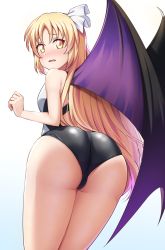 Rule 34 | 1girl, ass, bare shoulders, blonde hair, blush, bow, cameltoe, embarrassed, from behind, hair bow, highres, huge ass, kurumi (touhou), long hair, looking at viewer, looking back, mibushiro, one-piece swimsuit, shiny clothes, shiny skin, solo, standing, swimsuit, touhou, very long hair, wings, yellow eyes