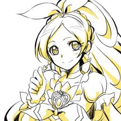 Rule 34 | 10s, 1girl, braid, choker, cure rhythm, dress, earrings, eyelashes, hair ornament, hair ribbon, hairband, happy, jewelry, long hair, looking at viewer, magical girl, minamino kanade, monochrome, ponytail, precure, puffy sleeves, ribbon, simple background, single braid, sketch, smile, solo, suite precure, tsukikage oyama, white background, wrist cuffs, yellow theme