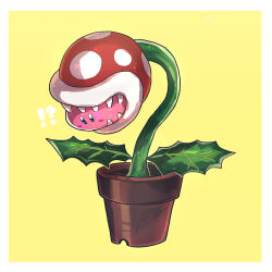 Rule 34 | !?, :o, biting, blue eyes, blush, blush stickers, border, chiimako, closed mouth, commentary request, flower pot, kirby, kirby (series), leaf, mario (series), nintendo, no humans, open mouth, piranha plant, plant, potted plant, sharp teeth, simple background, star (symbol), teeth, white border, yellow background