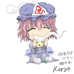 Rule 34 | 1girl, :3, ^ ^, absurdres, aged down, artist request, baby, bib, chibi, child, closed eyes, dated, eating, eyebrows, closed eyes, flying sweatdrops, full body, ghost, hat, highres, kuro (fanalis007), pacifier, pink hair, saigyouji yuyuko, saliva, short hair, signature, simple background, socks, solo, sweatdrop, touhou, translation request, triangular headpiece, white background