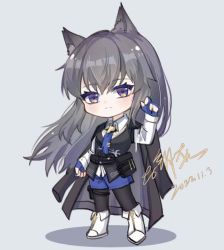 Rule 34 | 1girl, arknights, black coat, black hair, black pantyhose, black vest, blue gloves, blue shorts, blush, boots, chibi, coat, coat on shoulders, collared shirt, dated, fingerless gloves, full body, gloves, grey background, guoziqiqi, hand up, highres, holding, long hair, looking at viewer, official alternate costume, pantyhose, pantyhose under shorts, shadow, shirt, shorts, signature, simple background, solo, texas (arknights), texas the omertosa (arknights), vest, white footwear, white shirt, yellow eyes