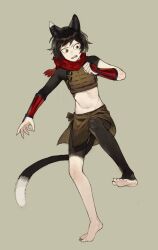 Rule 34 | 1girl, animal ears, arm guards, armor, barefoot, black hair, body fur, brown skirt, cat ears, cat girl, cat tail, clenched hand, crop top, dungeon meshi, feet, fighting stance, full body, highres, izutsumi, looking to the side, midriff, navel, open mouth, p (pm 611a), red scarf, scarf, short hair, simple background, skirt, slit pupils, solo, standing, standing on one leg, tail, teeth, toes, upper teeth only, vambraces, yellow eyes