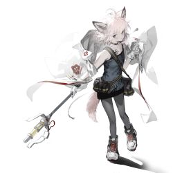 Rule 34 | 1girl, absurdres, ahoge, animal ear fluff, animal ears, arknights, blue eyes, camisole, cape, closed mouth, commentary, cross print, fanny pack, flat chest, fox ears, fox girl, fox tail, grey camisole, grey pantyhose, highres, holding, holding staff, looking at viewer, messy hair, pantyhose, shadow, shoelaces, shoes, short hair, simple background, sneakers, solo, staff, standing, standing on one leg, sussurro (arknights), tachi-e, tail, white background, white cape, white hair, yamori no o