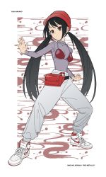 Rule 34 | 1girl, acubi tomaranai, air jordan 1, beanie, black hair, bra, braid, breasts, brown eyes, character name, clenched hand, closed mouth, english text, fanny pack, fighting stance, full body, hat, high tops, highres, idolmaster, idolmaster cinderella girls, legs apart, long hair, nakano yuka, nike (company), panties, product placement, red bra, red hat, see-through, see-through shirt, shoes, small breasts, sneakers, solo, twintails, underwear, white footwear