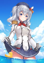 Rule 34 | 10s, 1girl, beret, blue eyes, breasts, buttons, epaulettes, female focus, gloves, hat, highres, jacket, kantai collection, kashima (kancolle), kerchief, large breasts, long hair, military, military uniform, miniskirt, ocean, rubber duck, silver hair, skirt, smile, solo, twintails, uniform, water, wavy hair, white gloves, yuki (clydtc)
