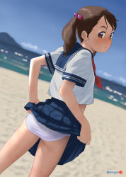 Rule 34 | 1girl, artist name, beach, blue sailor collar, blue skirt, blue sky, blurry, blurry background, brown eyes, brown hair, clothes lift, cloud, commentary request, cowboy shot, day, female focus, from behind, hair bobbles, hair ornament, highres, lifted by self, long hair, looking at viewer, looking back, mu-pyon, neckerchief, original, outdoors, panties, pleated skirt, red neckerchief, sailor collar, school uniform, serafuku, skirt, skirt lift, sky, solo, standing, twintails, underwear, white panties