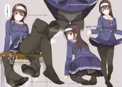 Rule 34 | 1girl, :p, absurdres, black pantyhose, breasts, brown hair, clothes lift, crossed legs, crotch seam, feet, foreshortening, from behind, grey background, grin, hairband, highres, huge filesize, kasumigaoka utaha, kneeling, large breasts, leaning forward, leg up, loafers, long hair, looking back, mibu natsuki, multiple views, no shoes, panties, panties under pantyhose, pantyhose, red eyes, saenai heroine no sodatekata, scan, school uniform, seiza, shoes, sidelocks, simple background, sitting, skirt, skirt lift, smell, smile, soles, thighband pantyhose, toes, tongue, tongue out, underwear, white panties