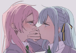 Rule 34 | 2girls, bang dream!, bang dream! it&#039;s mygo!!!!!, black ribbon, blue hair, blush, chihaya anon, closed mouth, collared shirt, commentary request, covering another&#039;s mouth, eye contact, green necktie, grey jacket, hair ribbon, hanemi, haneoka school uniform, jacket, long hair, looking at another, multiple girls, necktie, pink hair, purple background, ribbon, school uniform, shirt, simple background, togawa sakiko, two side up, white shirt, yuri