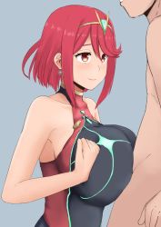 Rule 34 | 1boy, 1girl, bare shoulders, blush, breasts, competition swimsuit, earrings, gem, hair ornament, jewelry, matching hair/eyes, naozuri, nintendo, one-piece swimsuit, paizuri, paizuri under clothes, pyra (pro swimmer) (xenoblade), pyra (xenoblade), red eyes, red hair, short hair, simple background, smile, swimsuit, tiara, xenoblade chronicles (series), xenoblade chronicles 2