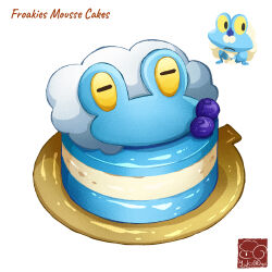 Rule 34 | artist logo, blueberry, cake, character name, creatures (company), english text, food, food focus, foodification, froakie, frog, frown, fruit, game freak, gen 6 pokemon, highres, icing, nintendo, no humans, plate, pokemon, simple background, white background, yellow eyes, yuki00yo