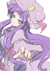 Rule 34 | 1girl, blush, bow, coo (coonekocoo), crescent, female focus, foreshortening, hair bow, hat, light smile, long hair, patchouli knowledge, purple eyes, purple hair, reaching, sketch, solo, touhou