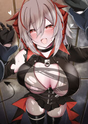 Rule 34 | 1boy, 1girl, absurdres, antenna hair, arknights, black gloves, black pantyhose, breasts, come hither, demon girl, demon horns, demon tail, elbow gloves, gloves, grey hair, heart, heart-shaped pupils, highres, horns, kokihanada, large breasts, looking at viewer, official alternate costume, pantyhose, pov, red eyes, red nails, short hair, smile, solo, symbol-shaped pupils, tail, torn clothes, torn pantyhose, w (arknights), w (wanted) (arknights)