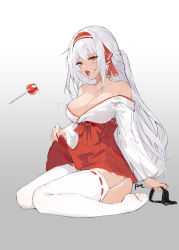 Rule 34 | 1girl, bare shoulders, black panties, breasts, candy apple, cleavage, food, garter straps, gradient background, hair ribbon, hakama, hakama short skirt, hakama skirt, highres, holding, holding clothes, holding panties, holding underwear, japanese clothes, long hair, miko, off shoulder, one side up, open mouth, original, panties, unworn panties, pre (preecho), red eyes, ribbon, ribbon-trimmed legwear, ribbon trim, saliva, saliva trail, sidelocks, simple background, sitting, skirt, solo, thighhighs, tongue, tongue out, underwear, wariza, white hair, white thighhighs