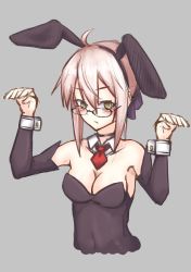 Rule 34 | 1girl, absurdres, ahoge, animal ears, armpits, artoria pendragon (fate), bare shoulders, black sleeves, blush, breasts, cleavage, collar, covered navel, cropped torso, detached collar, detached sleeves, fate/grand order, fate (series), glasses, grey background, hair between eyes, highres, leotard, looking at viewer, mysterious heroine x alter (fate), necktie, nora red, playboy bunny, rabbit ears, red necktie, short necktie, solo, white collar, wrist cuffs, yellow eyes