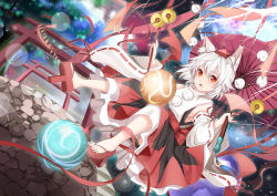 Rule 34 | 1girl, animal ears, bare shoulders, barefoot, blush, breasts, detached sleeves, geta, hat, hongmao, inubashiri momiji, leaf, looking at viewer, maple leaf, medium breasts, open mouth, pom pom (clothes), red eyes, ribbon, ribbon-trimmed sleeves, ribbon trim, short hair, silver hair, solo, tail, tengu-geta, tokin hat, touhou, umbrella, wide sleeves, wolf ears, wolf tail