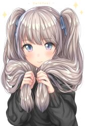 Rule 34 | 1girl, 3:, blue eyes, blue ribbon, blush, eyebrows, hair ribbon, tucking hair, highres, lips, long hair, long sleeves, looking down, original, ribbon, silver hair, simple background, sleeves past wrists, smile, solo, sweater, tareme, twintails, typo, umeno (shio1205), very long hair, wavy mouth, white background