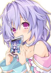 Rule 34 | 1girl, bare shoulders, blush, braid, breasts, cleavage, collarbone, dress, hair ornament, iwashi dorobou -r-, kami jigen game neptune v, long hair, looking at viewer, neptune (series), own hands together, purple hair, pururut, red eyes, simple background, small breasts, smile, solo, upper body, white background, wide sleeves