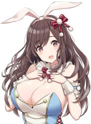 Rule 34 | 1girl, animal ears, arm garter, bare shoulders, blush, bow, breasts, brown eyes, brown hair, buttons, chain, cleavage, cross-laced clothes, detached collar, hair bow, hairband, idolmaster, idolmaster shiny colors, large breasts, long hair, looking at viewer, mitsukazu (nijigen complex), open mouth, rabbit ears, red bow, simple background, smile, solo, tsukioka kogane, white background, wrist cuffs