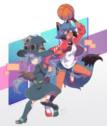 Rule 34 | 2girls, abstract background, animal ear fluff, animal ears, ball, basketball, basketball (object), blue eyes, blue hair, body fur, boots, bow, brand new animal, brick st, brown gloves, company connection, constanze amalie von braunschbank-albrechtsberger, crossover, frown, furry, furry female, gloves, goggles, goggles on head, hat, highres, holding, holding ball, jacket, kagemori michiru, knee boots, little witch academia, looking at viewer, luna nova school uniform, multicolored hair, multiple girls, open clothes, open jacket, open mouth, ponytail, raccoon ears, raccoon girl, raccoon tail, red bow, school uniform, shoes, short hair, shorts, smile, sneakers, stanbot (little witch academia), tail, track jacket, trigger (company), two-tone hair, wand, witch, witch hat
