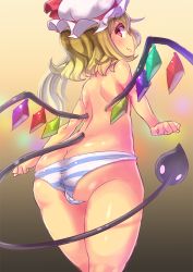 Rule 34 | 1girl, ass, back, blonde hair, butt crack, cameltoe, demon tail, flandre scarlet, from behind, hat, hat ribbon, kazo (kazozakazo), laevatein, looking at viewer, looking back, mob cap, no pants, panties, panties only, pink eyes, ribbon, side ponytail, smile, solo, striped clothes, striped panties, tail, topless, touhou, underwear, underwear only, wings