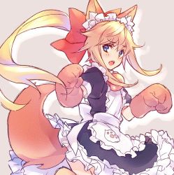 Rule 34 | androgynous, animal hands, blonde hair, blue eyes, blush, chevalier d&#039;eon (fate), cosplay, dress, fate/grand order, fate (series), gender request, long hair, looking at viewer, maid, open mouth, simple background, smile, solo, tamamo (fate), tamamo cat (fate), tamamo cat (fate) (cosplay), tamamo cat (second ascension) (fate), tamamo no mae (fate/extra), wanko (takohati8)