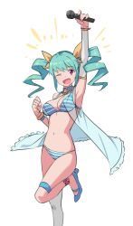 Rule 34 | 1girl, ;d, aqua hair, arm up, armpits, bikini, blue footwear, breasts, clenched hand, commentary, detached sleeves, drill hair, hair ornament, high heels, long hair, looking at viewer, medium breasts, microphone, navel, official art, one eye closed, open mouth, rabi-ribi, red eyes, ribbon, saiste, seana (rabi ribi), see-through, shoes, simple background, single detached sleeve, single thighhigh, smile, solo, standing, standing on one leg, stomach, striped bikini, striped clothes, swimsuit, thighhighs, twin drills, twintails, white background, white thighhighs, yellow ribbon