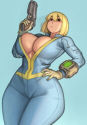 Rule 34 | 1girl, absurdres, black eyes, blonde hair, blue jumpsuit, blurry, blurry background, bob cut, breasts, brown gloves, cleavage, closed mouth, commentary, dutch angle, english commentary, fallout (series), fallout 4, from below, gloves, gun, hand on own hip, highres, holding, holding gun, holding weapon, jumpsuit, kelvin hiu, large breasts, long sleeves, looking at viewer, pip boy, short hair, simple background, solo, underboob, vault girl, vault suit, weapon