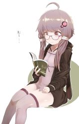 Rule 34 | 1girl, absurdres, ahoge, book, closed mouth, glasses, hair ornament, highres, holding, holding book, hood, hood down, hoodie, long sleeves, purple-framed eyewear, purple eyes, purple hair, purple thighhighs, reading, short hair with long locks, sitting, siwasunohige, solo, thighhighs, voiceroid, white background, yuzuki yukari