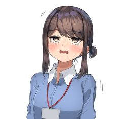 Rule 34 | 1girl, blue shirt, blush, borrowed character, brown eyes, brown hair, collared shirt, commentary request, crying, douki-chan (douki-chan), dress shirt, ganbare douki-chan, highres, id card, long sleeves, looking up, office lady, ranf, shirt, sidelocks, simple background, solo, tears, upper body, white background