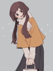 Rule 34 | 1girl, bag, blush stickers, brown eyes, brown hair, highres, holding, holding bag, leaning to the side, long hair, long sleeves, looking at viewer, low twintails, maco22, open mouth, original, scarf, skirt, smile, solo, twintails