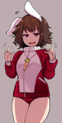 Rule 34 | 1girl, alternate costume, animal ears, brown hair, buruma, carrot necklace, commentary request, cowboy shot, fang, grey background, highres, inaba tewi, ippongui, jacket, jewelry, long hair, looking at viewer, necklace, open mouth, rabbit ears, red eyes, red jacket, short hair, simple background, solo, sportswear, thighs, touhou