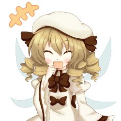 Rule 34 | 1girl, blush, brown hair, drill hair, fairy wings, female focus, hat, highres, keyaki chimaki, laughing, long hair, luna child, open mouth, smile, solo, touhou, transparent background, white background, wings