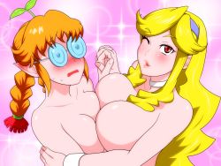 Rule 34 | 10s, 2girls, blush, braid, breast press, breasts squeezed together, breasts, coke-bottle glasses, freckles (space dandy), glasses, honey (space dandy), huge breasts, multiple girls, nude, pointy ears, space dandy, symmetrical docking, twin braids