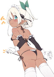 Rule 34 | 1girl, ?, ??, absurdres, arm at side, artist request, ass, back, bikini, black bikini, blue eyes, blunt ends, blush, breasts, closed mouth, cowboy shot, dark-skinned female, dark elf, dark skin, elbow gloves, elf, everyday mushroom, frilled gloves, frills, from behind, gloves, green ribbon, hair ribbon, halterneck, highres, layered gloves, looking at viewer, looking back, maid, maid bikini, maid headdress, nervous smile, notice lines, one side up, original, pointy ears, price tag, profile, ribbon, short hair, side-tie bikini bottom, small breasts, smile, solo, string pull, sweatdrop, swimsuit, thighhighs, thong, unconventional maid, white gloves, white hair, white thighhighs