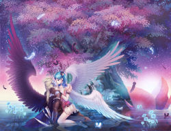 Rule 34 | 1boy, 1girl, absurdres, aion, angel wings, arm support, asmodian, blue eyes, blue hair, elyos, feathers, hetero, highres, kneeling, reflection, source request, submerged, tama (new island), tamachan (pixiv), tree, water, wings
