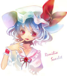 Rule 34 | 1girl, :p, bad id, bad pixiv id, face, female focus, hat, licking, licking finger, light purple hair, red eyes, remilia scarlet, solo, tongue, tongue out, touhou, wavy hair, wrist cuffs, yutsuka, yutsuka (amyucca)