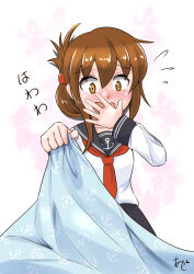 Rule 34 | akashieru, artist name, bed sheet, black sailor collar, black skirt, brown eyes, brown hair, commentary request, covering own mouth, folded ponytail, highres, inazuma (kancolle), kantai collection, long hair, neckerchief, one-hour drawing challenge, red neckerchief, sailor collar, school uniform, serafuku, shirt, skirt, surprised, white shirt