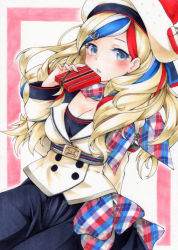 Rule 34 | 10s, 1girl, bad id, bad pixiv id, belt, beret, blonde hair, blue eyes, blue hair, box, buttons, commandant teste (kancolle), cowboy shot, double-breasted, funnyfunny, hat, kantai collection, long hair, multicolored hair, plaid, plaid scarf, pom pom (clothes), red hair, scarf, solo, streaked hair, traditional media, white hair