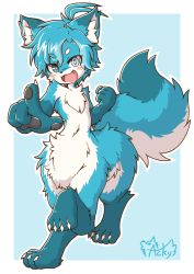 Rule 34 | 1boy, :d, acky, ahoge, animal ear fluff, animal ears, animal hands, blue background, blue eyes, blue fur, blue hair, blush, centauroid, claws, clenched hand, commentary, fang, fictional persona, fox boy, fox ears, fox tail, full body, furry, furry male, hair between eyes, heterochromia, highres, looking at viewer, male focus, navel, open mouth, original, outline, parted bangs, pointing, pointing at viewer, short hair, signature, slit pupils, smile, snout, solo, standing on three legs, tail, taur, thick eyebrows, white fur