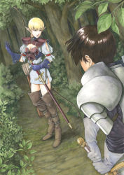 Rule 34 | 1boy, 1girl, aritani mahoro, armor, arrow (projectile), blonde hair, boots, bow (weapon), brown hair, bush, commentary request, elf, facing away, fantasy, forest, highres, knee boots, leaf, nature, original, outdoors, pointy ears, quiver, scabbard, sheath, sheathed, short hair, sword, traditional media, tree, weapon