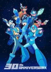 Rule 34 | 6+boys, aile (mega man zx), anniversary, arm cannon, blonde hair, blue eyes, boots, brown hair, buster, capcom, full body, fur collar, green eyes, headgear, helmet, highres, hoshikawa subaru, jumping, long hair, male focus, mega man (classic), mega man (series), mega man 11, mega man battle network, mega man legends (series), mega man star force, mega man volnutt, mega man x (series), mega man zero (series), mega man zx, megaman.exe, multiple boys, open mouth, outstretched arm, over-1 (mega man), rockman xover, running, serious, smile, star (symbol), starry background, teeth, text focus, vent (mega man), visor, weapon, x (mega man), zero (mega man)